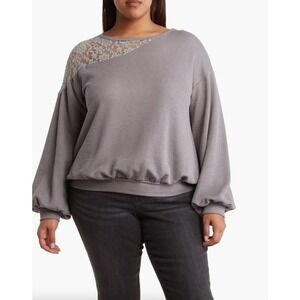 BlueGrey Womens Lace Shoulder Long Sleeve Sweatshirt Grey Plus Size 1X